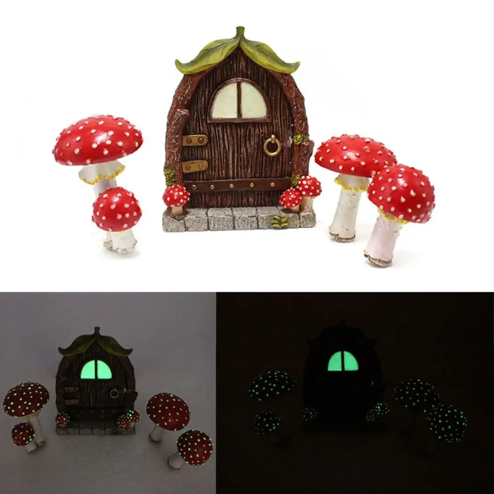 4pcs Resin Mushroom House Plugin Set Glowing Creative Fairy Garden Statue Funny Handicraft Miniatures Figurine Sculpture Gift