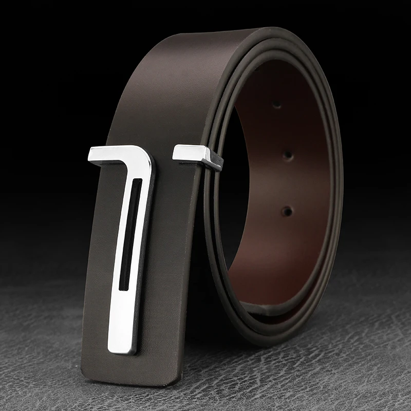 High Quality Casual T Letter Belt Men Leather Smooth Buckle Fashion Personality Belt Young Men Casual Cowhide Ceinture Homme