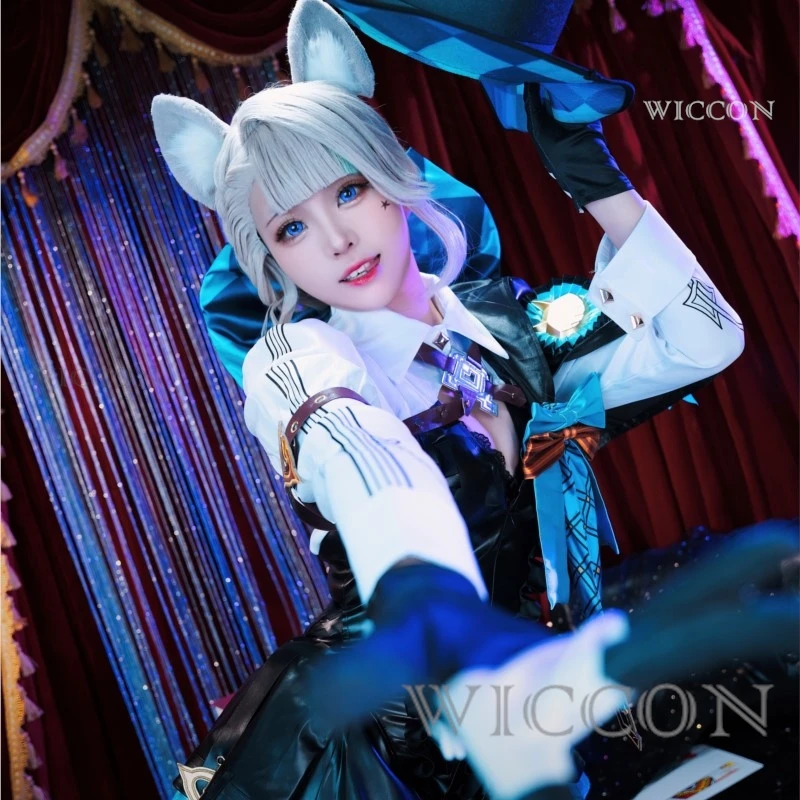 Genshin Impact Lynette Cosplay Costume Wig Fontaine Leather cosplay costume Uniform Dress Ears Skirt Glove Outfit Tail Magician