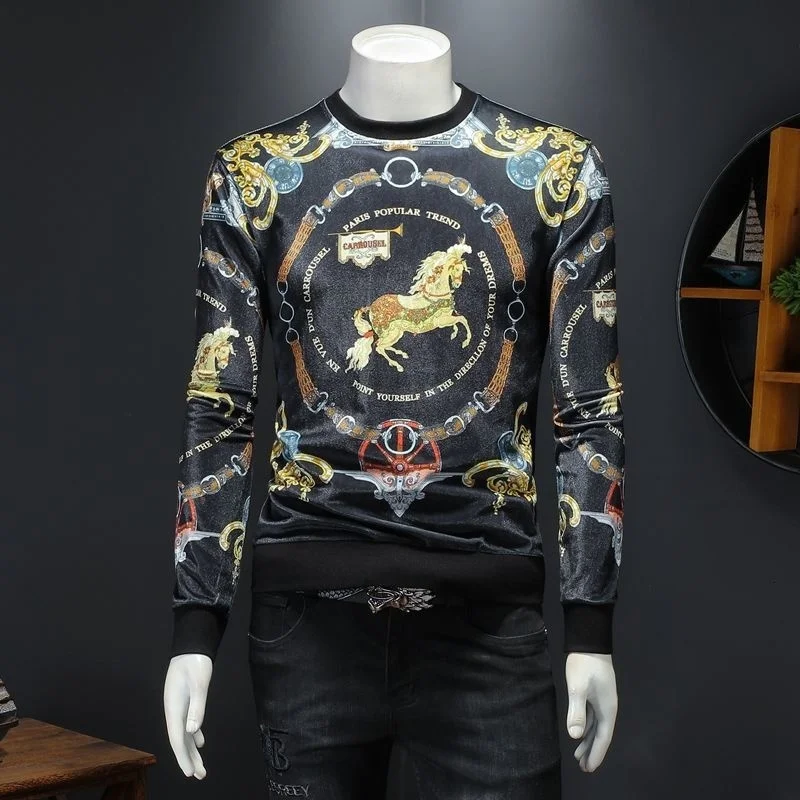 

Quality High Velvet Men Long Sleeve Baroque Palace Trend Tee Shirt Homme 2022 Luxury Autumn Horse Print Tshirt Men