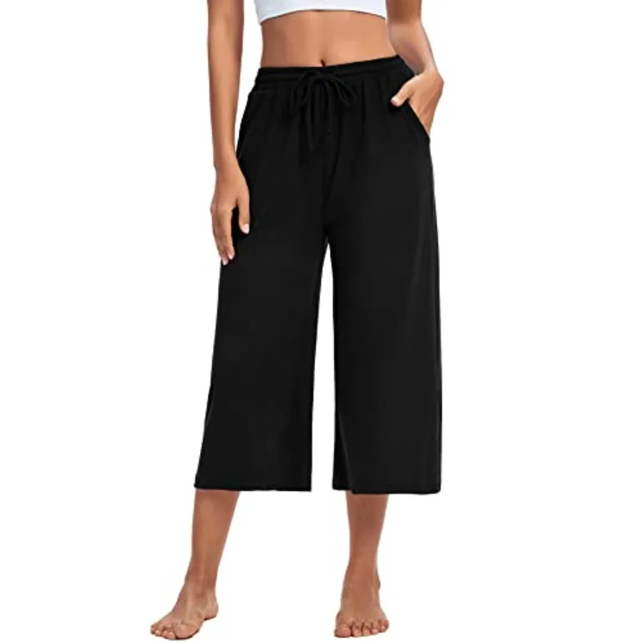 

ASIMOON Womens Capri Yoga Pants Wide Leg Drawstring Lounge Pants Loose Comfy Workout Capris Sweatpants with Pockets