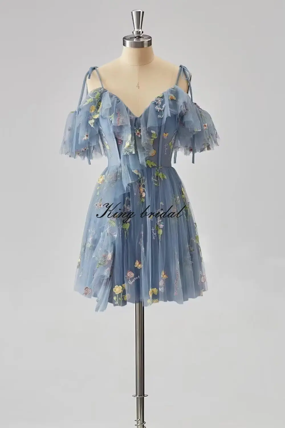 

Flower Embroidery Tulle Short Homecoming Dresses for Teens 2026 Mini Spaghetti Straps Formal Prom Party Gown Junior Bridesmaid
