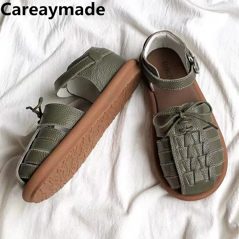 Careaymade-Genuine leather soft soled comfortable sandals,handmade woven breathable sandals flat soled Women's Roman shoes