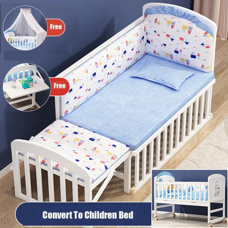NONE Babybett aus Holz mit Moskitonetz und Windeltisch, umwandelbar in Kinderbett, Bettwäsche-Set, Babybett, Bett, Schaukelmatratze 3