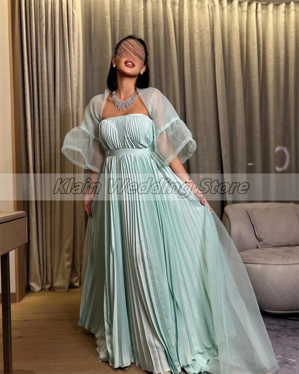 Customized A-line Strapless Prom Gown Muslim Clothing Pleat Evening Dresses For Women Three Quarter Maxi Dress فساتين سهرة فخمه