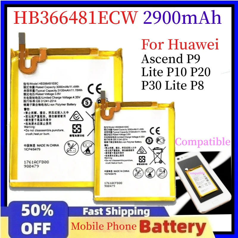 

For Huawei Honor Battery HB366481ECW 2900mAh, Mobile Phone Batteries for Huawei Ascend P9 Lite P10 P20 P30 Lite P8 & Honor 8 5C