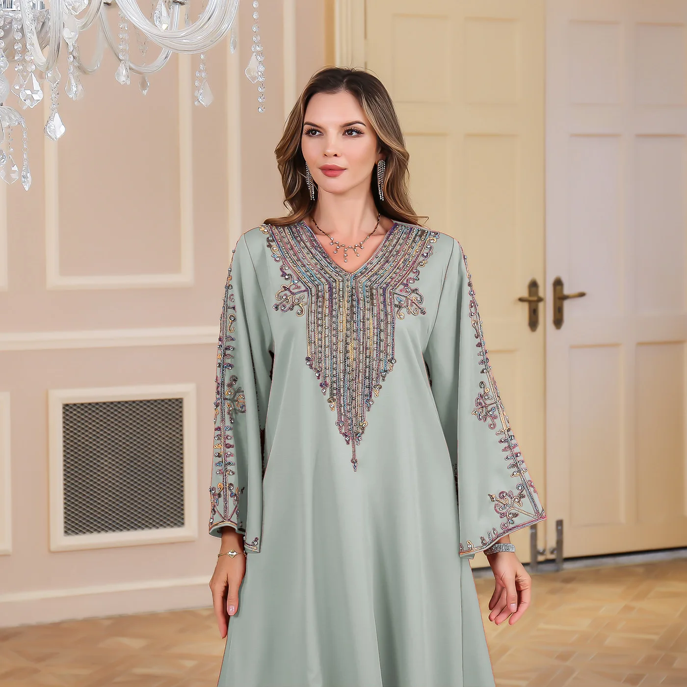 Eid Ramadan Muslim Women Beading Maxi Dress Embroideried Marocain Abayas Dubai Turkey Kaftan Jalabiya Caftan Islam Clothing Arab