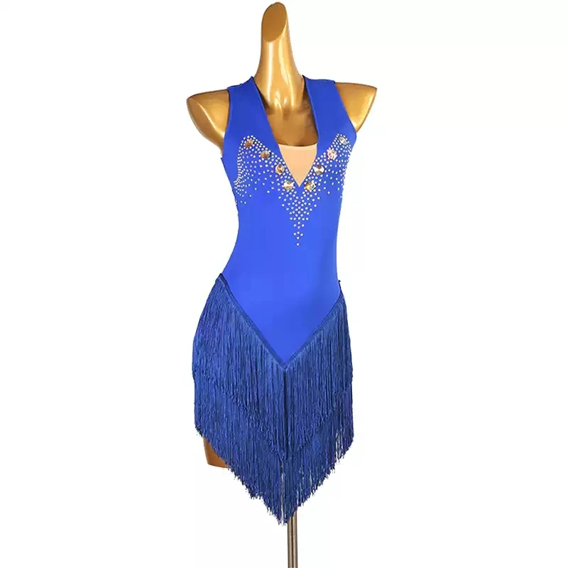 Blue Latin Dance Competition Costumes Women Performance Fringed Dress Sexy Elegant Girl Ballroom Clothes Sport Party Stage Wear