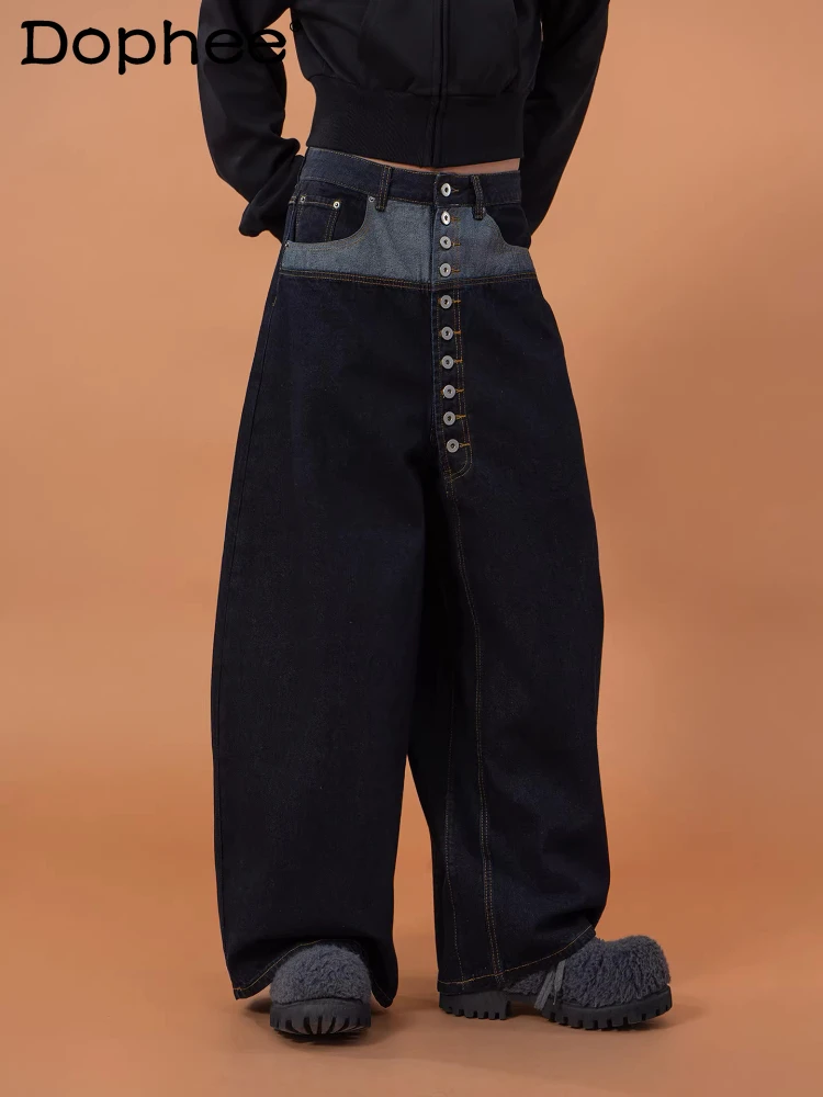 

Chic Button Splicing Tooling Jeans Men's 2026 Spring Loose Wide Leg Straight High Waist Curved Comfort Streetwear Denim Trousers