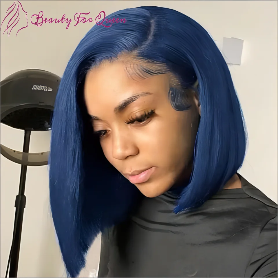 

Цветной стрижень Короткий парик Боб Кружевные фронтальные парики Человеческие волосы Темно-синий Прозрачный парик фронта шнурка Бесклеевой парик для женщин Плотность 180%
