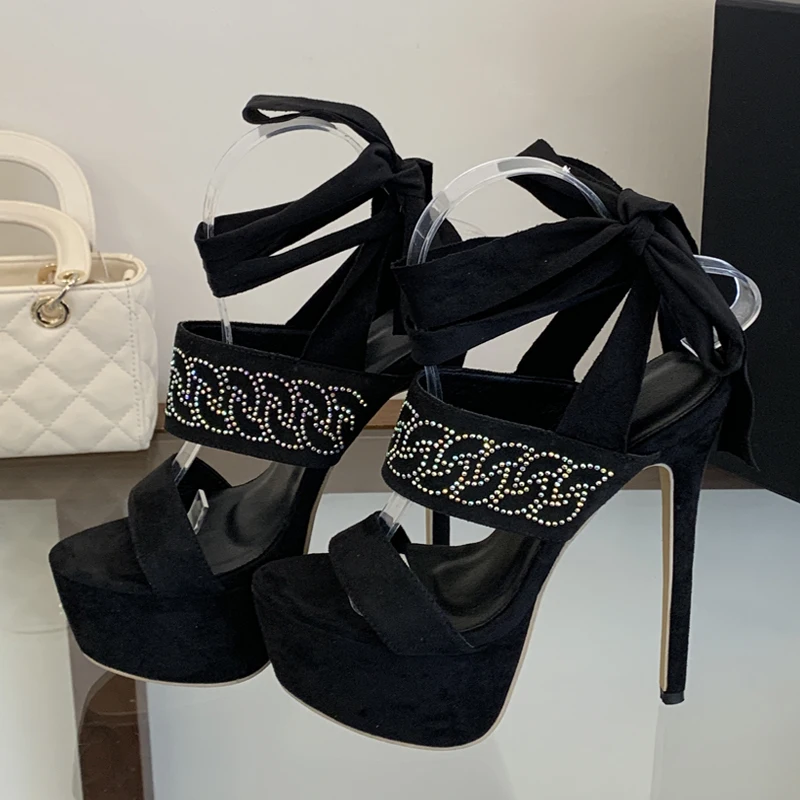 Elegant Rhinestone Lace Up 17CM Ultra High Stiletto Sandals Ladies 2026 New Open Toe Ankle Strap Evening Wedding Prom Footwear