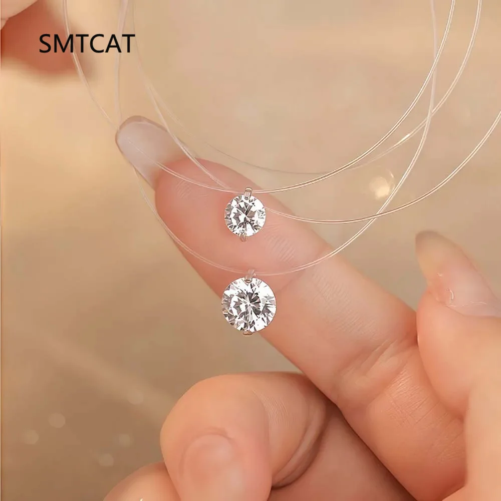 1CT Moissanite Pendant Necklaces Lab Diamond D VVS1 Choker Transparent Fishing Line Chain Jewelry Gift Colar de Prata