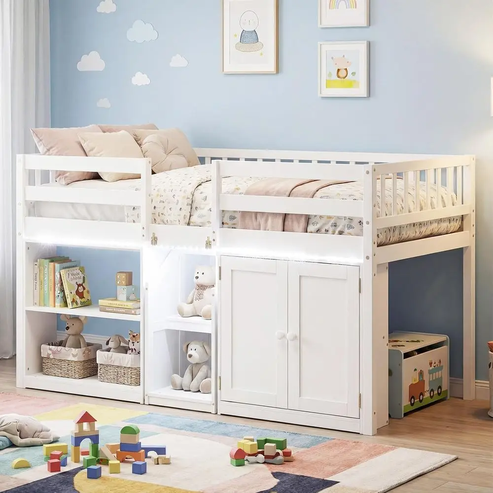 

Twin Size Low Loft Bed with LED Lights, Wooden Stairs, Safety Rails, Storage, Bookshelves, and Play Space for Kids (White)