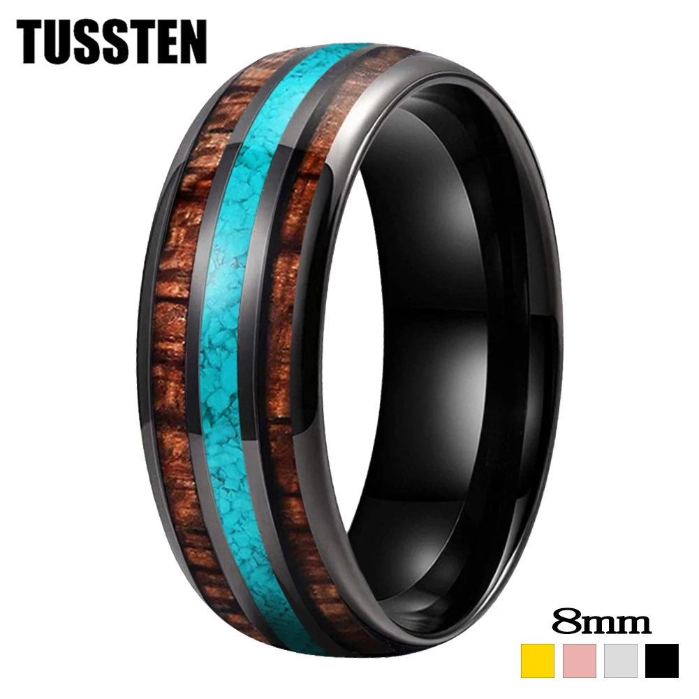 Dropshipping TUSSTEN 8MM Men Women Tungsten Carbide Wedding Band Finger Ring With Wood And Turquoise  Inlay Comfort Fit