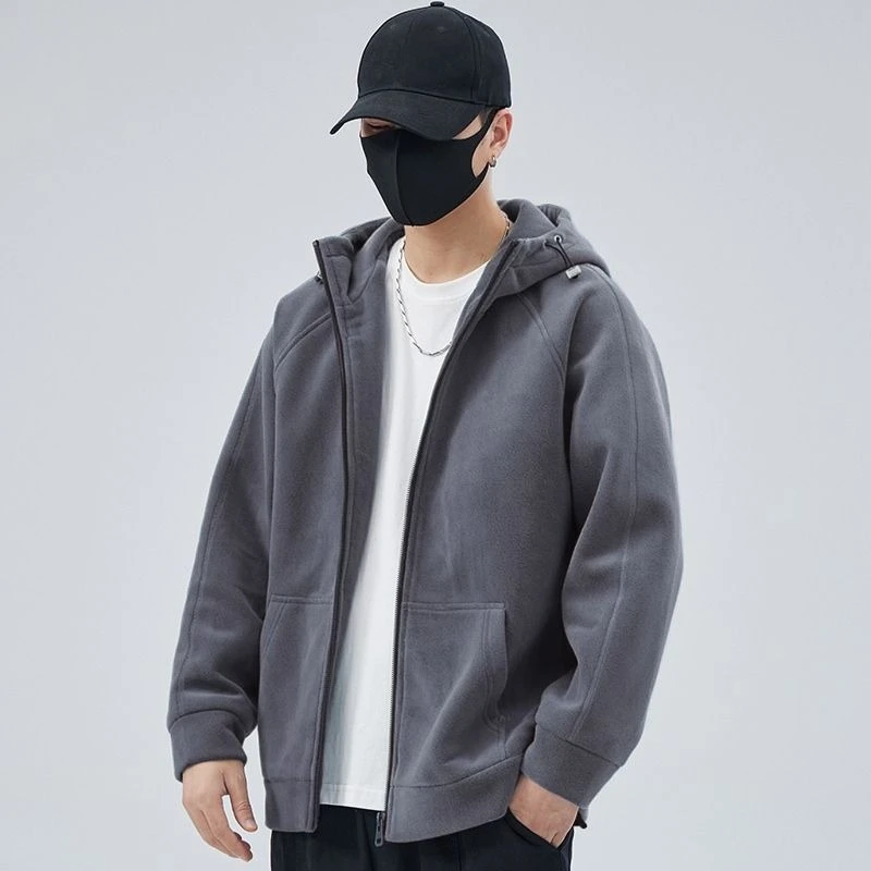 

Korean Style Thickened Fleece Hooded Zip Up Sweatshirt Men's Solid Color Spring Autumn Winter Clothing