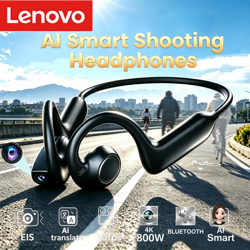 Lenovo Neue Knochenleitungs-Bluetooth-Kopfhörer mit 800W Smart-Kamera, KI-Übersetzung, Video- und Fotoaufnahme für Sport und Radfahren