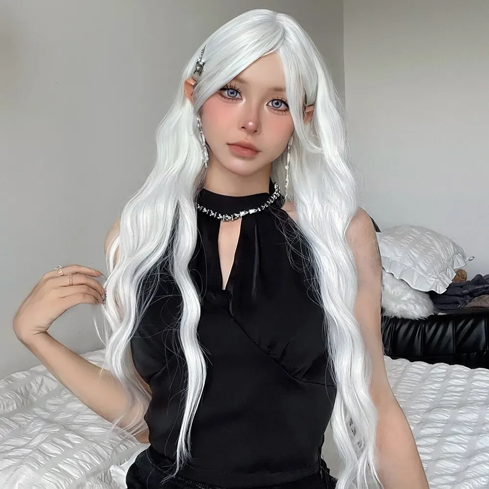 Cosplay Silky Wig for Women White Colorful Long Water Wave Wig with Bangs  Daily Party Natural Soft Synthetic Hair Heat Resistan