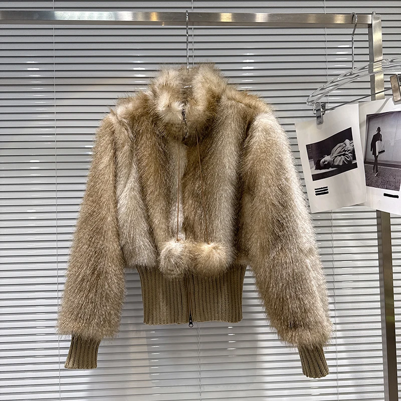 

Зимняя короткая меховая куртка с градиентной нитью, женская хлопковая куртка с двойной молнией из натурального меха, женская тонкая теплая верхняя одежда с длинными рукавами