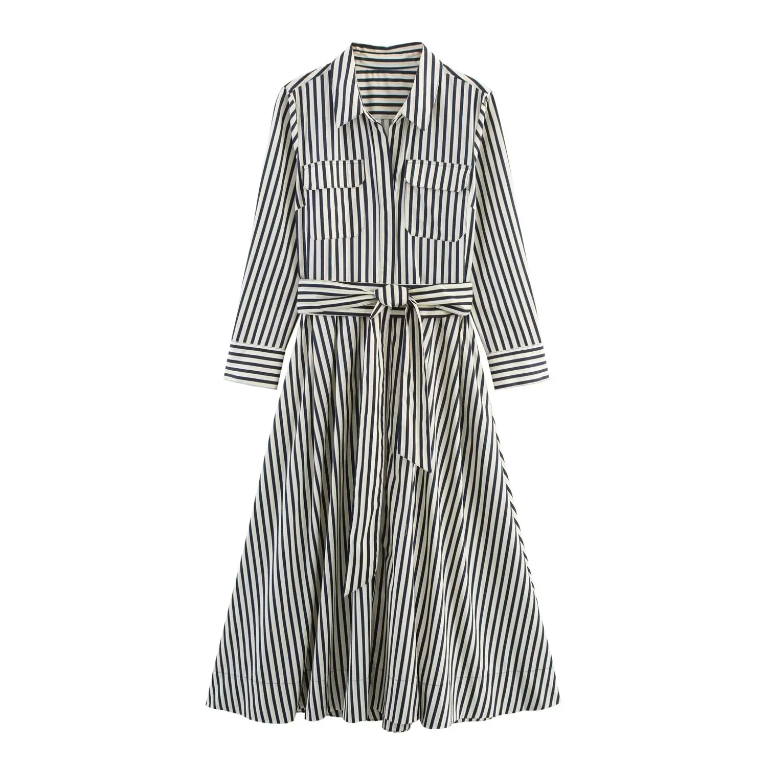 BSAY moda solapa manga larga mujer otoño nuevo artículo 2025 serie rayas adelgazante vestido estilo camisa de un solo pecho