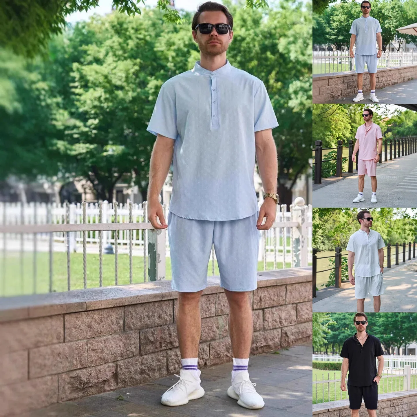 

Summer men's new style, jacquard fashionable casual set, plain color, simple design, breathable and easy to dry, two-piece set