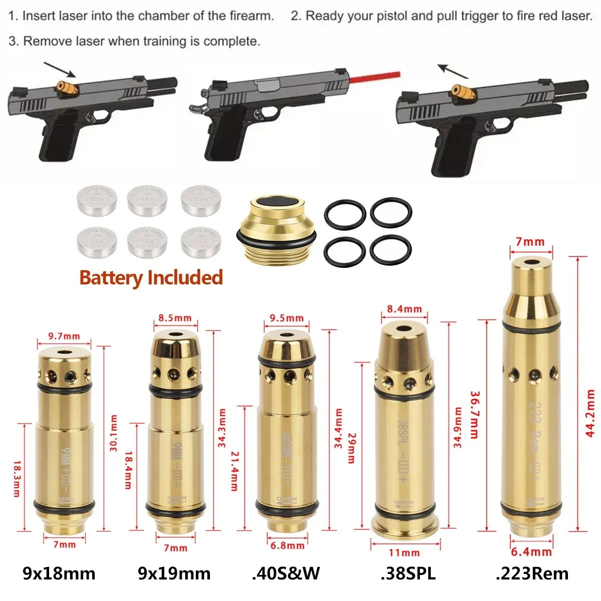 9mm Red Dot Laser Training Bullet 9x19mm/380ACP/38spl/223Rem Dry Fire Laser Trainer Cartridge Hunting Laser Training Bore Sight