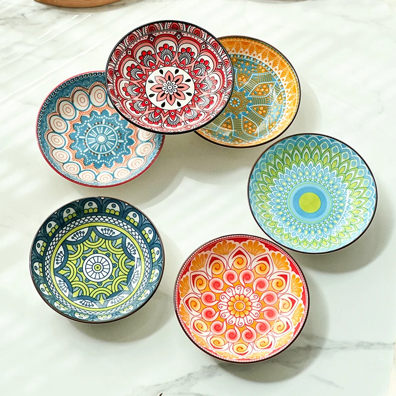 6-Piece Bohemian Ceramic Plates 5.7 Inch - Creative for Breakfast/Salad/Pasta/Dessert/Appetizer, Microwave/Oven/Dishwasher Safe