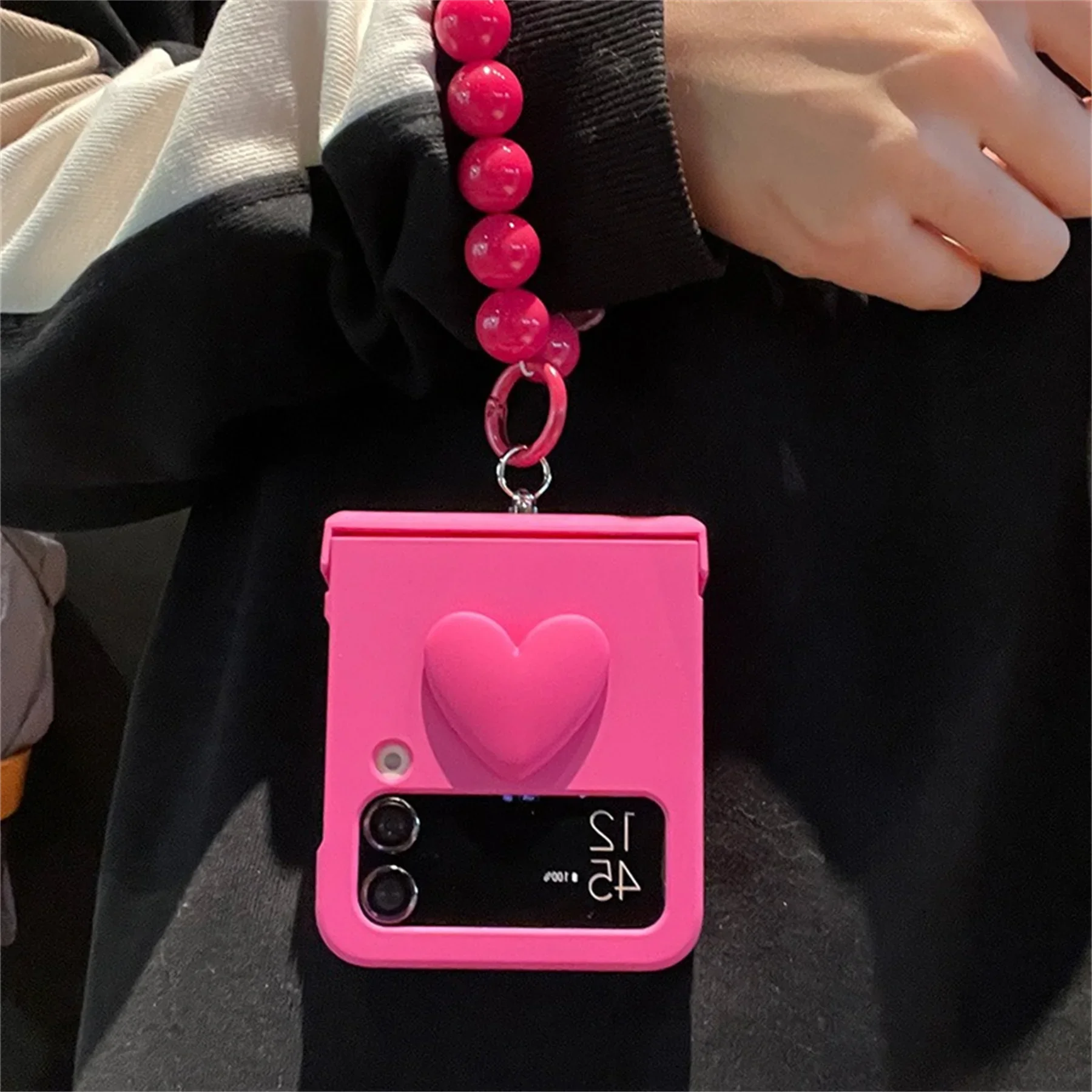 Korean 3D Love Heart Rose Red Case with Bunny Ring Beads Bracelet for Samsung Galaxy Z Flip 3  5G Z Flip3  Zflip5 Zflip4 Cover