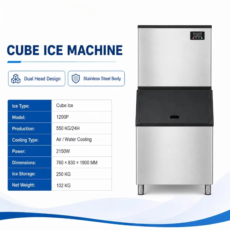 Airo Commercial Cube Ice Maker 1000lbs/450kg Self Cleaning Adjustable Thickness for Coffee Shop Fast Auto Restart Power Recovery