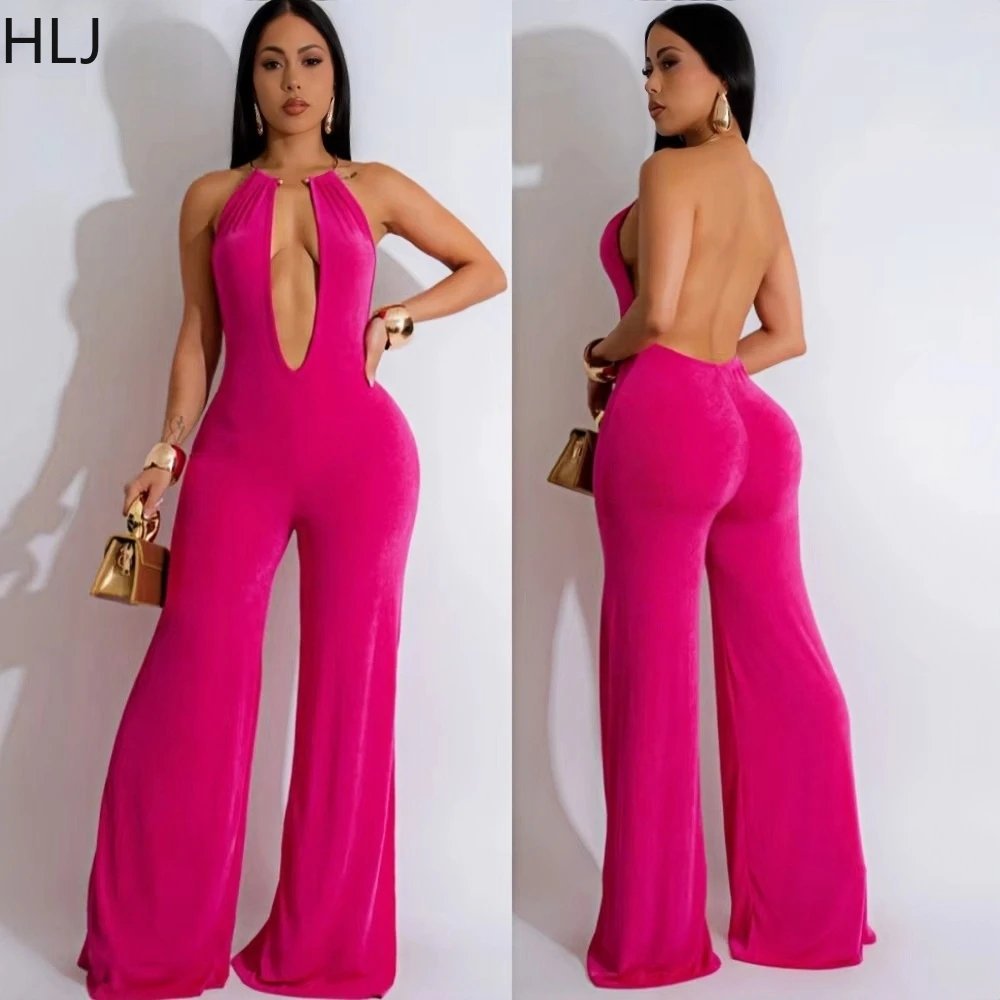 

HLJ Fashion Solid Backless Wide Leg One Pieces Jumpsuits Women Halter Sleeveless Straight Playsuits Elegant Lady Overall 2025