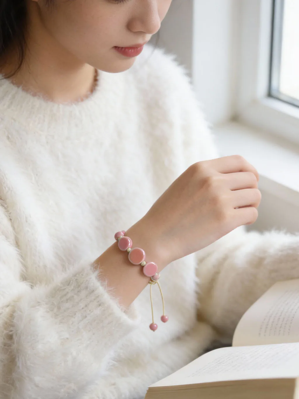 Handmade Pink Ceramic Disc Bracelet Adjustable Beige Wax Rope Pastel Round Beads Bohemian Friendship Jewelry Gift for Women