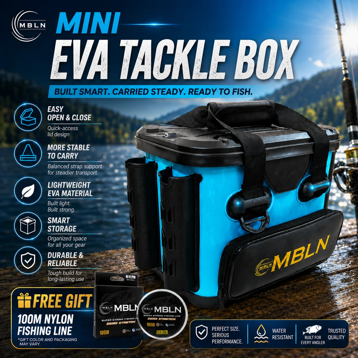 MBLN 14L Mini EVA Angelkoffer, Tragbare Hartschalen-Angeltasche mit Rutenhaltern, 70KG Tragfähigkeit, Angelschnur – Detail 4