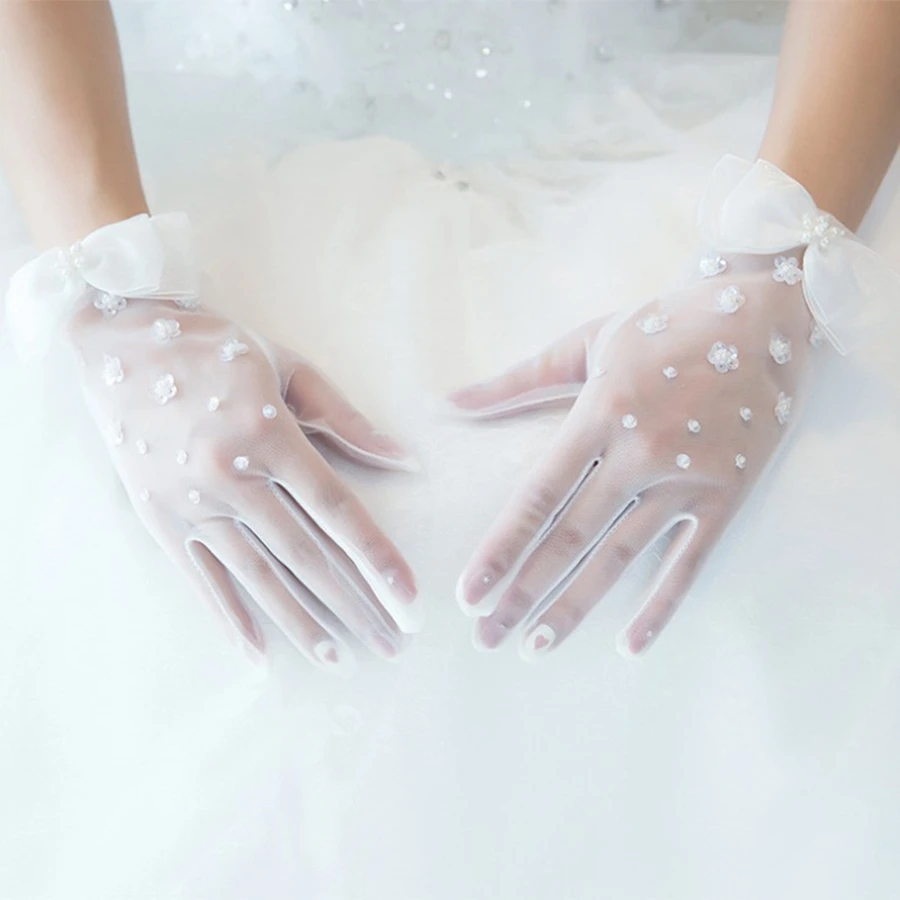 Atacado curto branco luvas de casamento dedo frisado luvas guantes largos mujer acessórios de casamento guantes largos mujer 2025