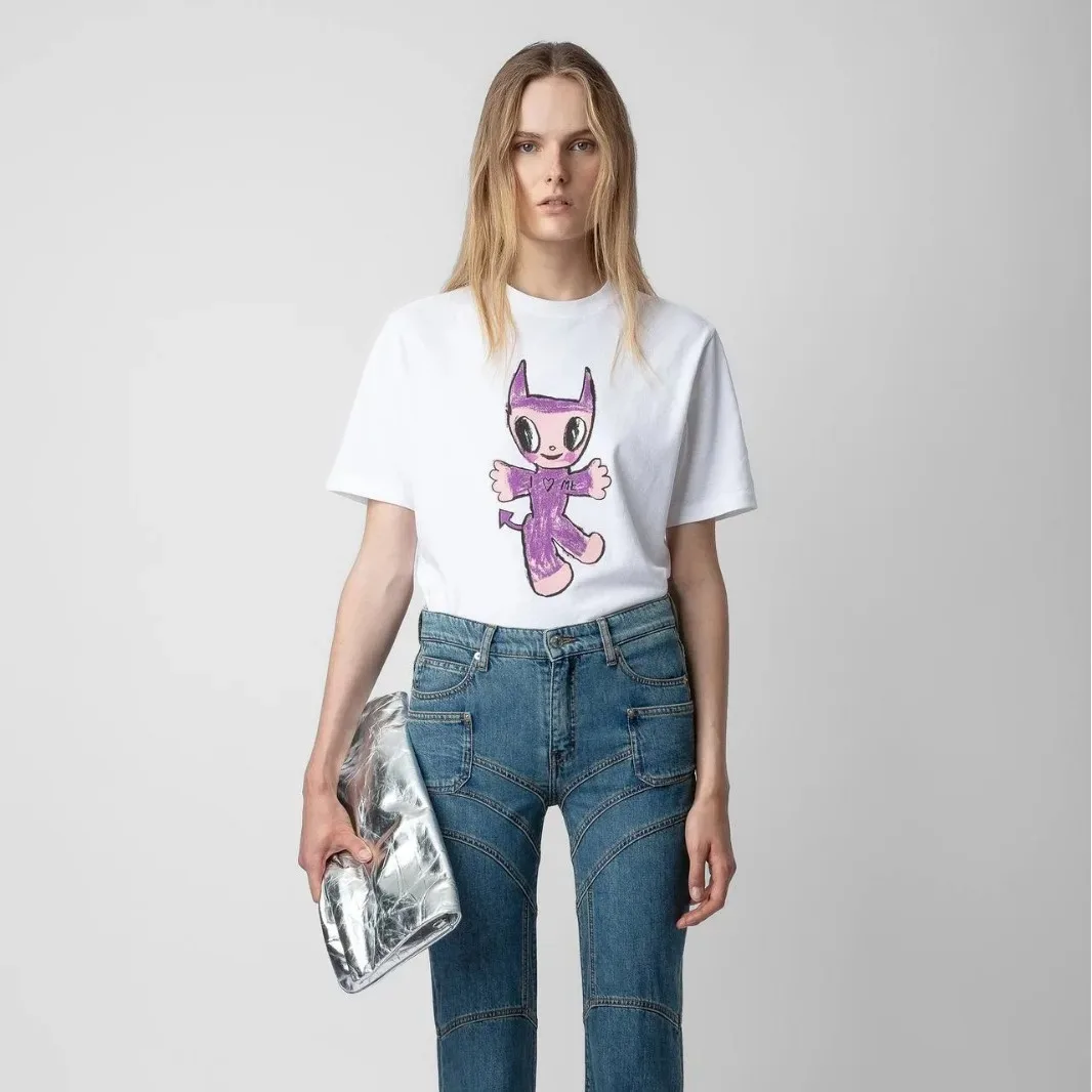 2024 Spring New Arrival Women's T-Shirt with ZV Cartoon Print and Loose Fit Casual Style