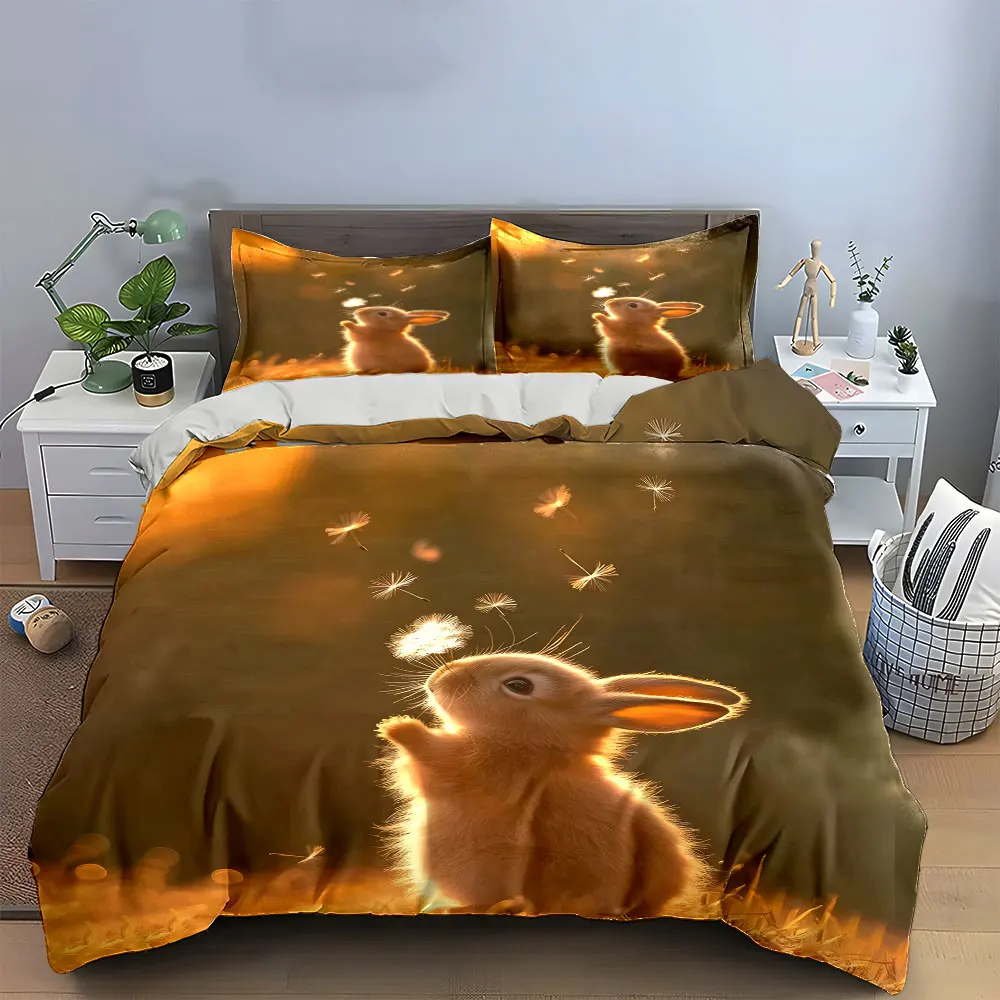 Cute Rabbit Decor Set Bedding Set with 1 Duvet Cover 2 Pillowcases Single Double King Queen, Gift
