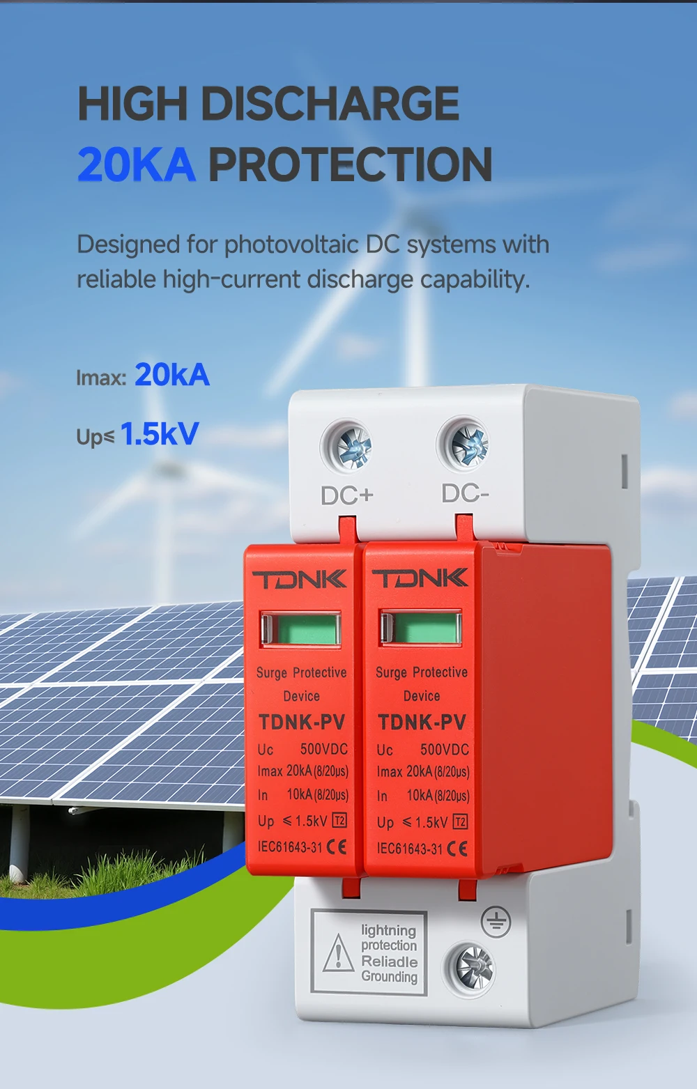 TDNK-PV DC SPD Überspannungsschutzgerät 2P 20KA 40KA 500V 600V 800V 1000V für Solar-PV-Panel Blitzschutz – Detail 5