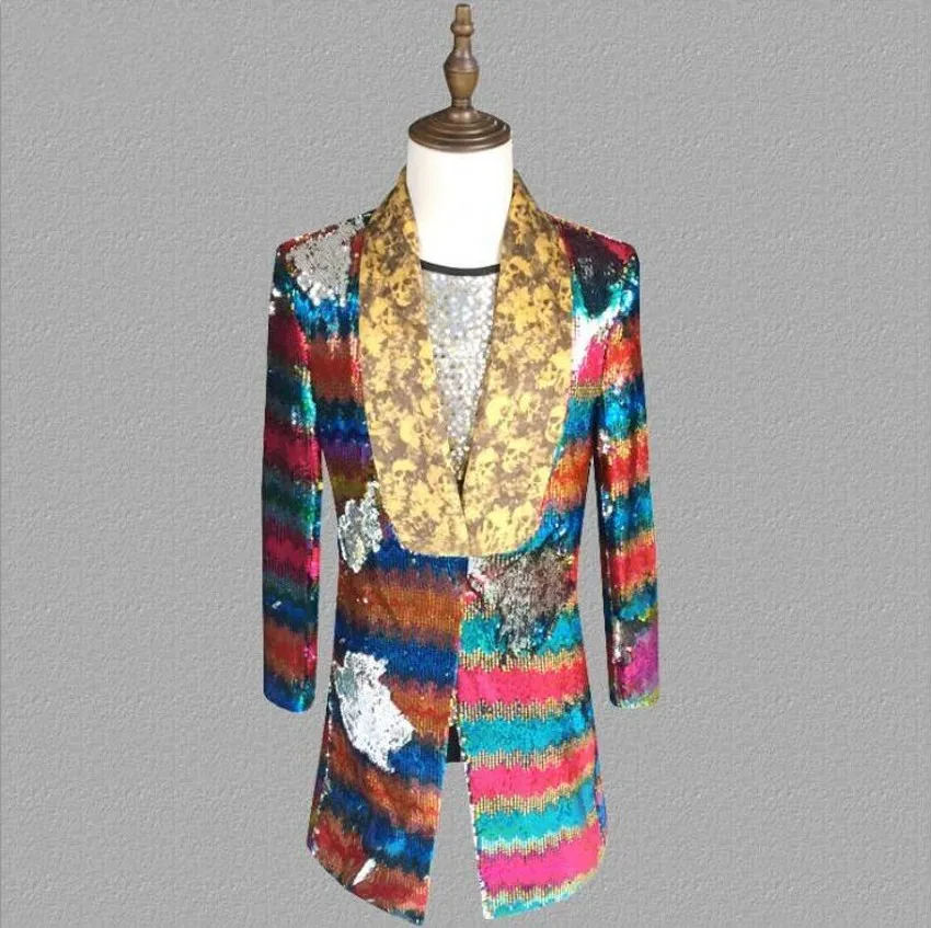 Hot New Mens Suits Sequined Jackets Dress Men's Fashion Stage Long Suit Nightclub Bar DJ Male Singer Personality Trend Outerwear