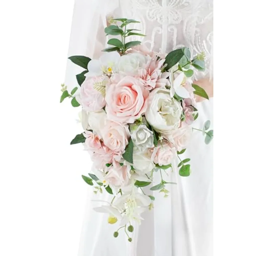 

10 Inch Blush Wedding Bouquets for Bride Artificial Roses Flower Cascading Cascade Bridal Bouquet for Rustic Boho Fall Vintage