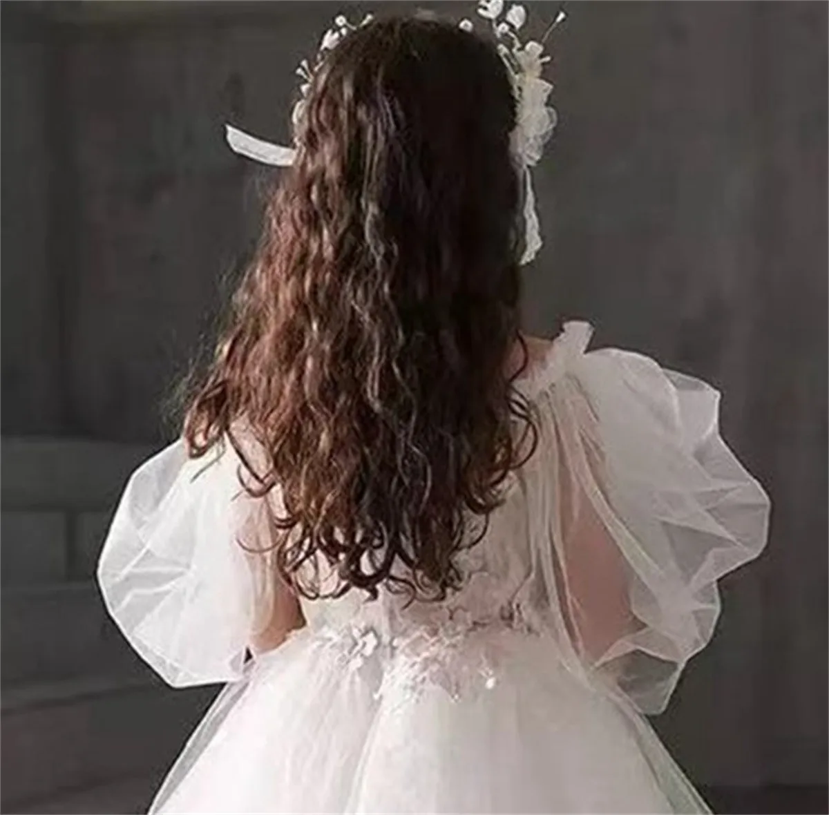 White Tulle  Flower Girl Dress Wedding Off Shoulder Lantern Sleeve Cute Little Child First Supper Evening Dress Ball Gowns