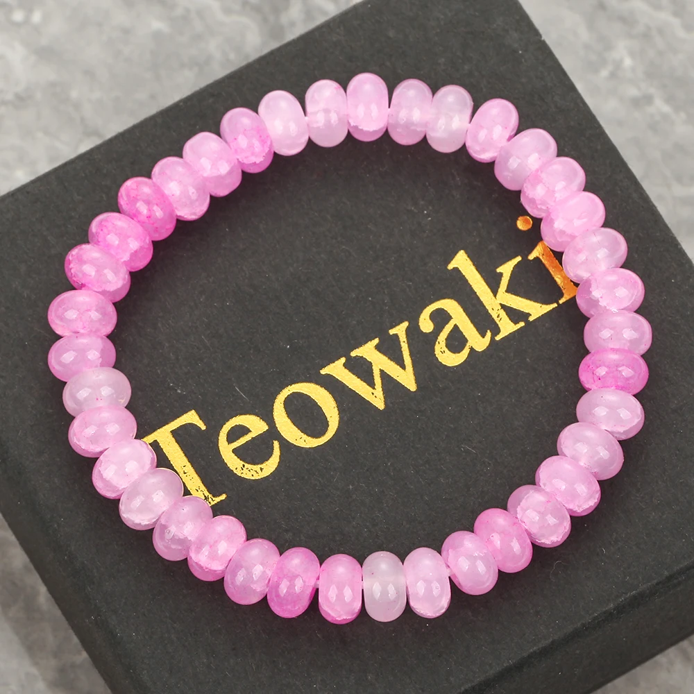 TeoWaki Natural Fuchsia Crackle Crystal Stretch Bracelet Flat Oval Vein Beads Stackable Daily Jewelry Holiday Best Gift 19cm