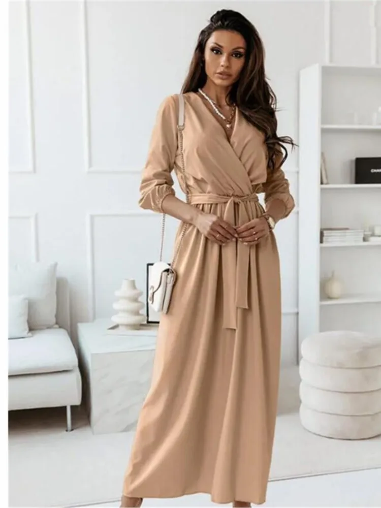 

2024 Autumn Winter New Women's Long Sleeve Dress With Fashionable Style Strap Up Waist Cinching Slimming Big Swing Skirt