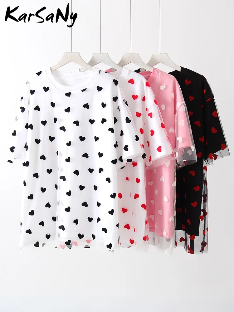 KarSaNy Heart Mesh T Shirt Women Short Sleeve Oversized Top Tees Cotton Basic Splicing Loose Fake Two Piece T Shirt For Women