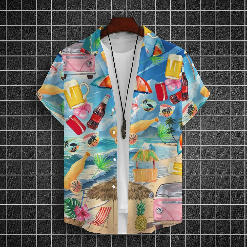 Hawaiian Shirt For Men Beach Beer Print Short Sleeved Shirt Tops Summer Beverages T-Shirt Casual Original Design Men's Clothing