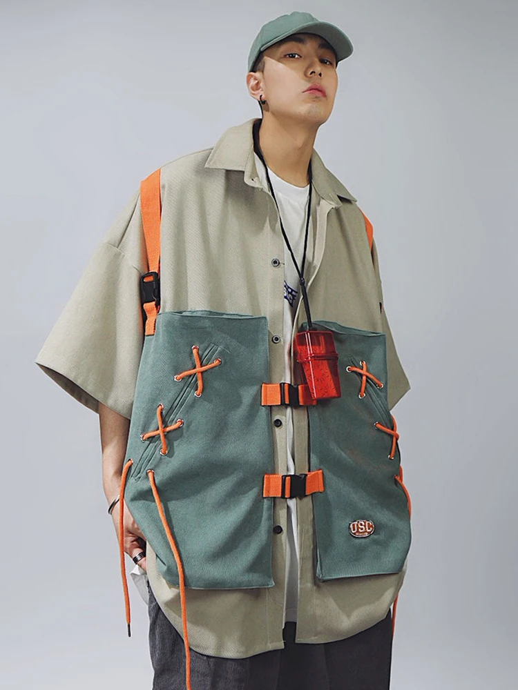 HOUZHOU Hip Hop Oversize Cargo Shirts Men Short Sleeve Button Up Shirt Coat Harajuku Patchwork Vintage Streetwear Safari Style