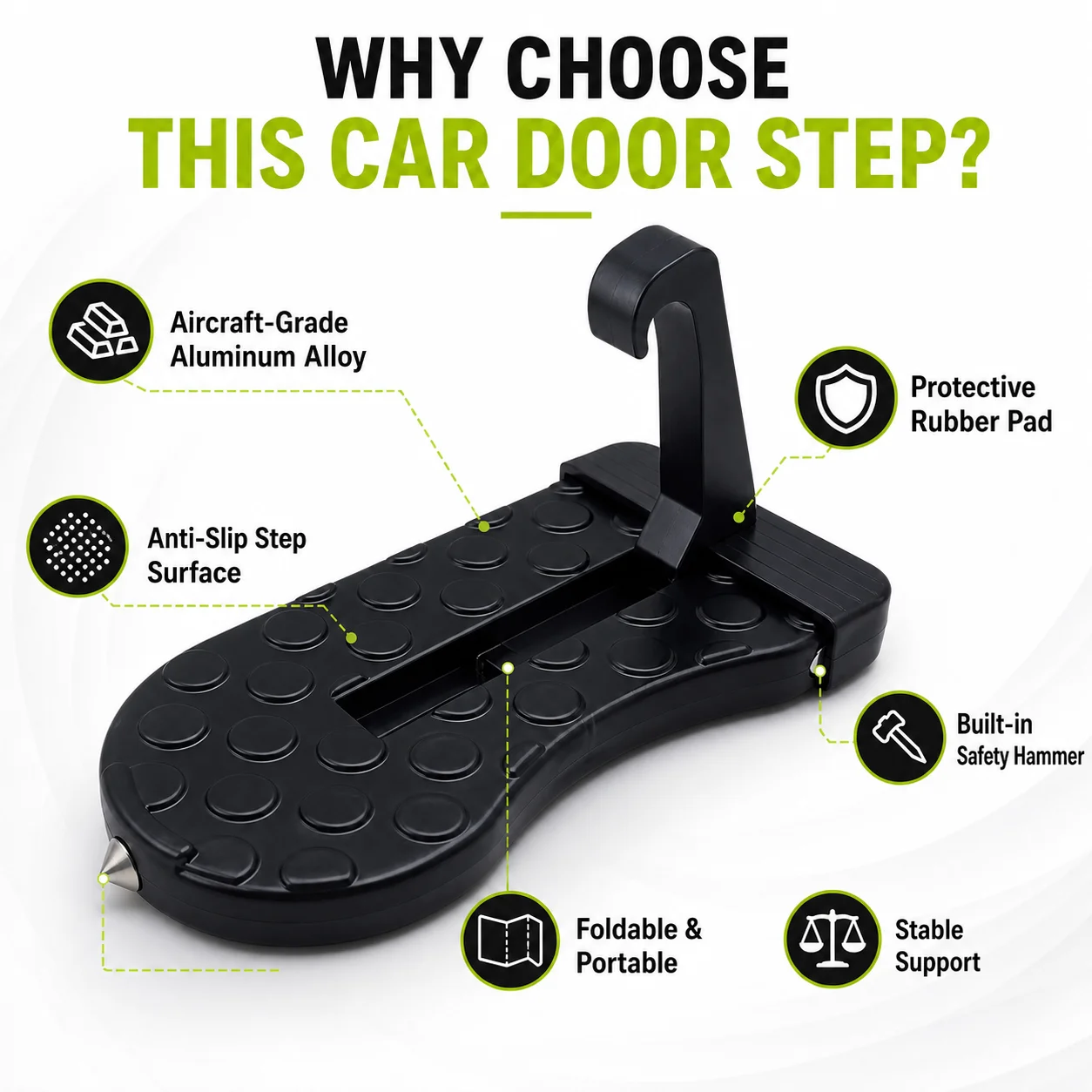 Foldable Car Door Step Pedal with Safety Hammer, Anti-Slip Roof Access Step, Portable Universal for SUV, Truck & RV
