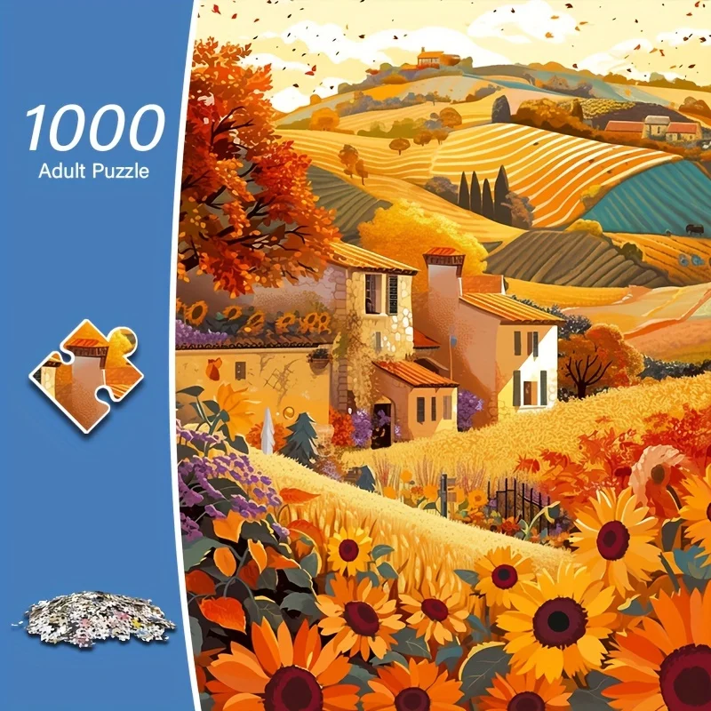 

A Adult Giant Puzzle - Vibrant Autumn Landscape with Sunflowers, Rolling Hills & Rustic Farmhouse, High-Resolution, Matte Fini