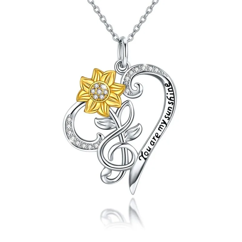 You Are My Sunshine Sunflower CZ Heart Pendant Necklace for Women Lover Friends Gift