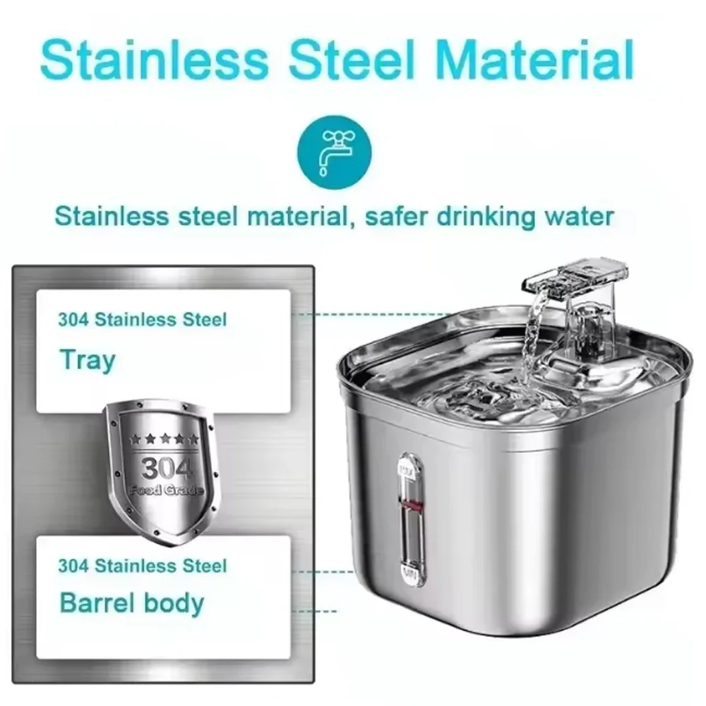 Stainless Steel Cat Fountain With Water Mark Automatic Cats Water Dispenser Sensor Filter Pet Cat Ultra Quiet Pump Water Foutain