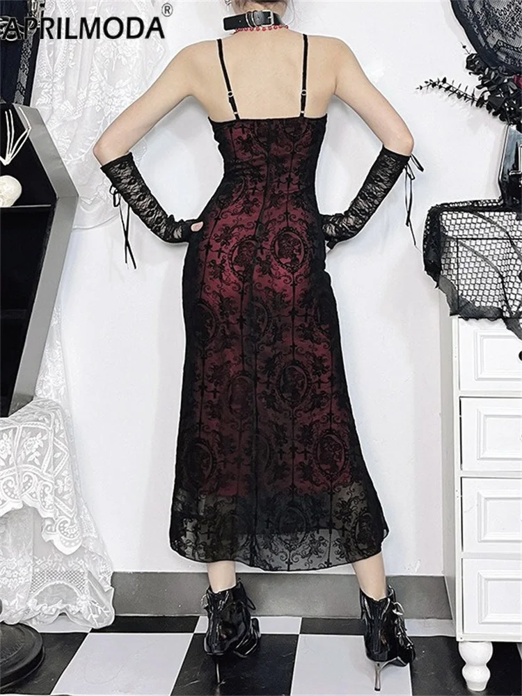 Schwarz Rot Vintage Elegante Goth Meerjungfrau Kleid Frauen Streetwear Fee Grunge Ästhetische Kreuz Muster Spaghetti Strap Party Kleider