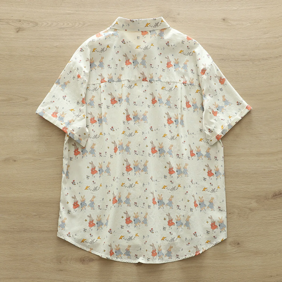 New Spring Cotton Rabbit Printed Shirt Women Lapel Short Sleeve Sweet Tops Girl Age Reduction Loose Blouses 2024 Autumn T44643QC