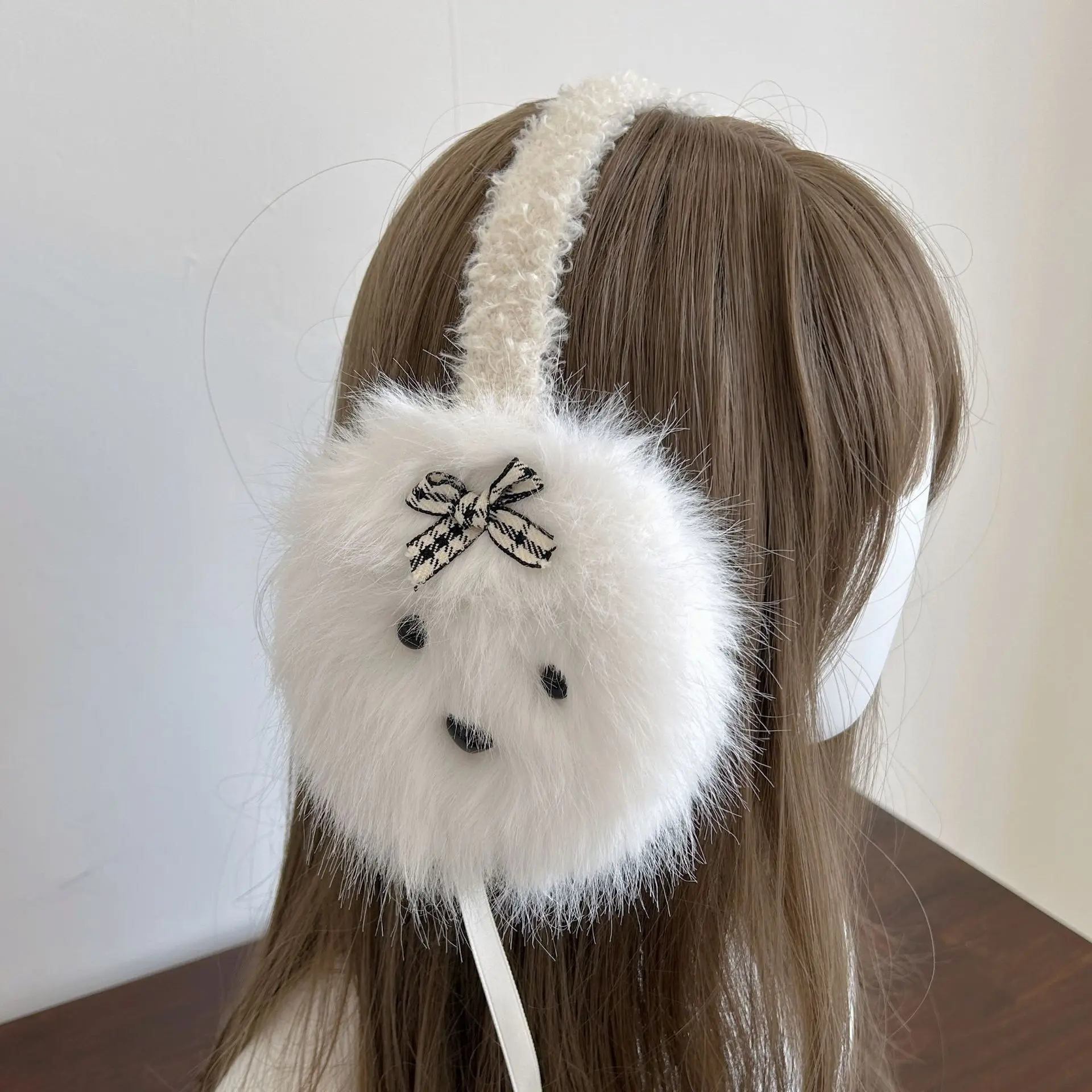 Cute Puppy Shape Fluffy Warm Ear Muffs Plush Dog Face Bow Decor Lace‑up Winter Ear Protector Sweet Girls Daily Head Accessory
